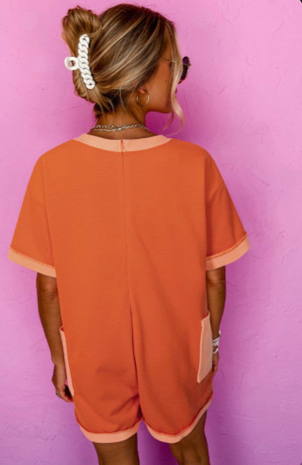 Russet Orange Two-Tone Short Sleeve V neck Patched Pocket Loose Romper