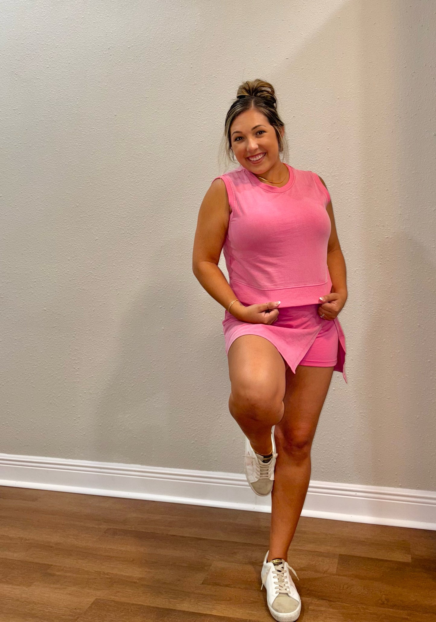 Pink top, shorts, & skirt