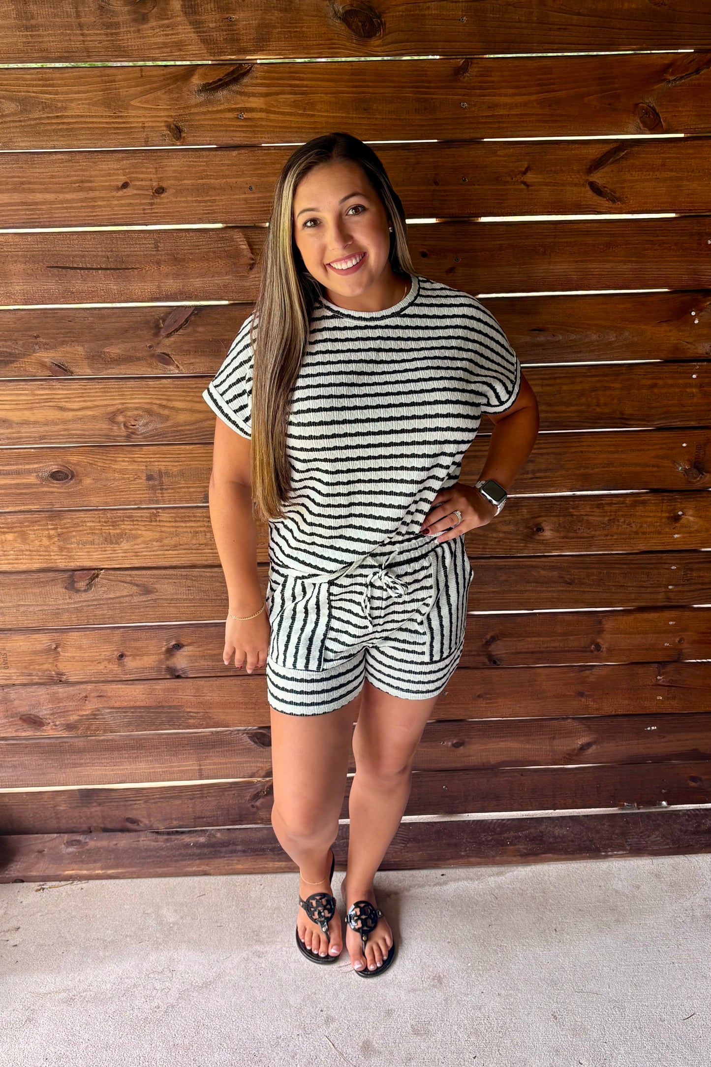 Stripe knitted top and drawstring shorts set