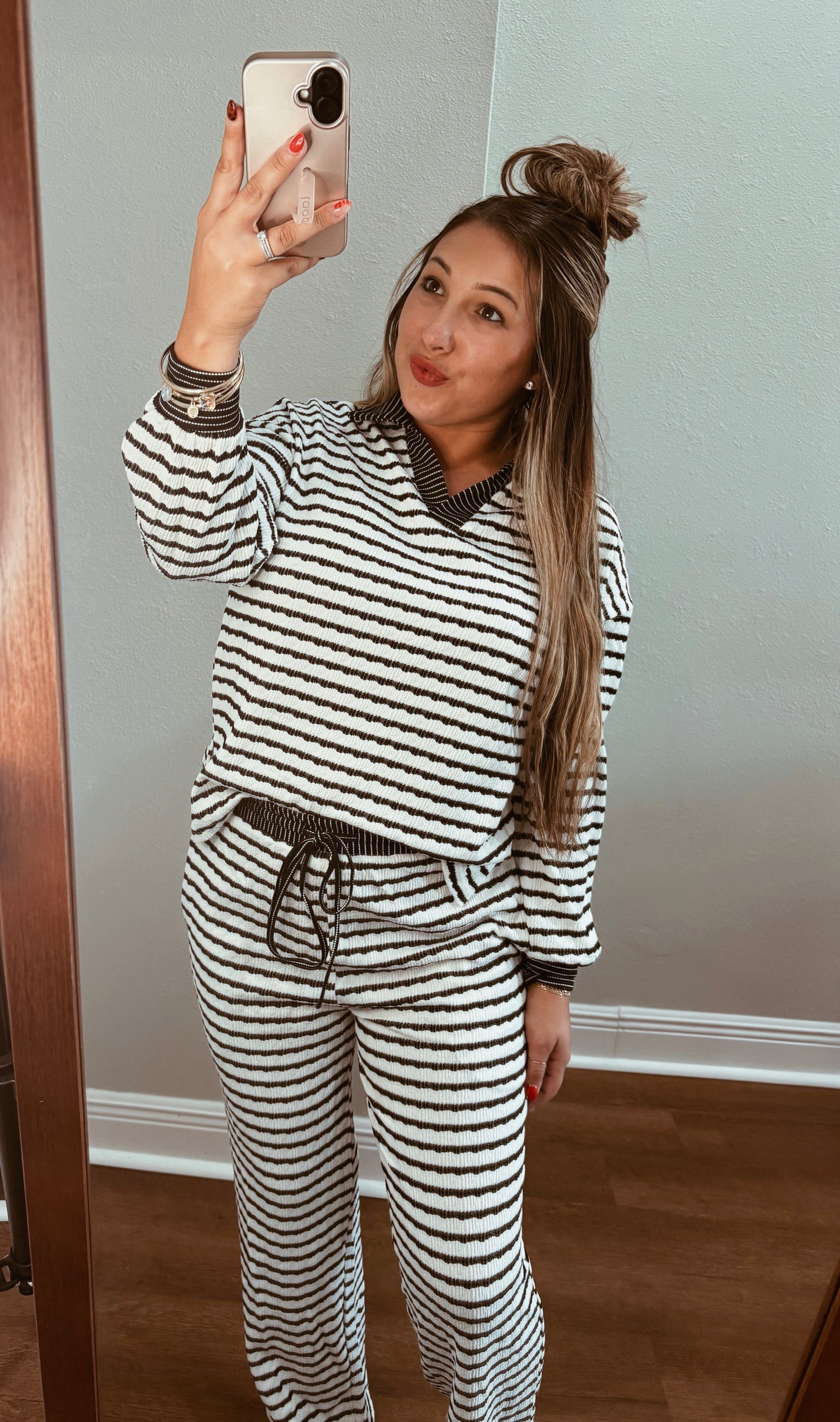 White & Black Striped Collard PullOver Top & Drawstring Pant Set