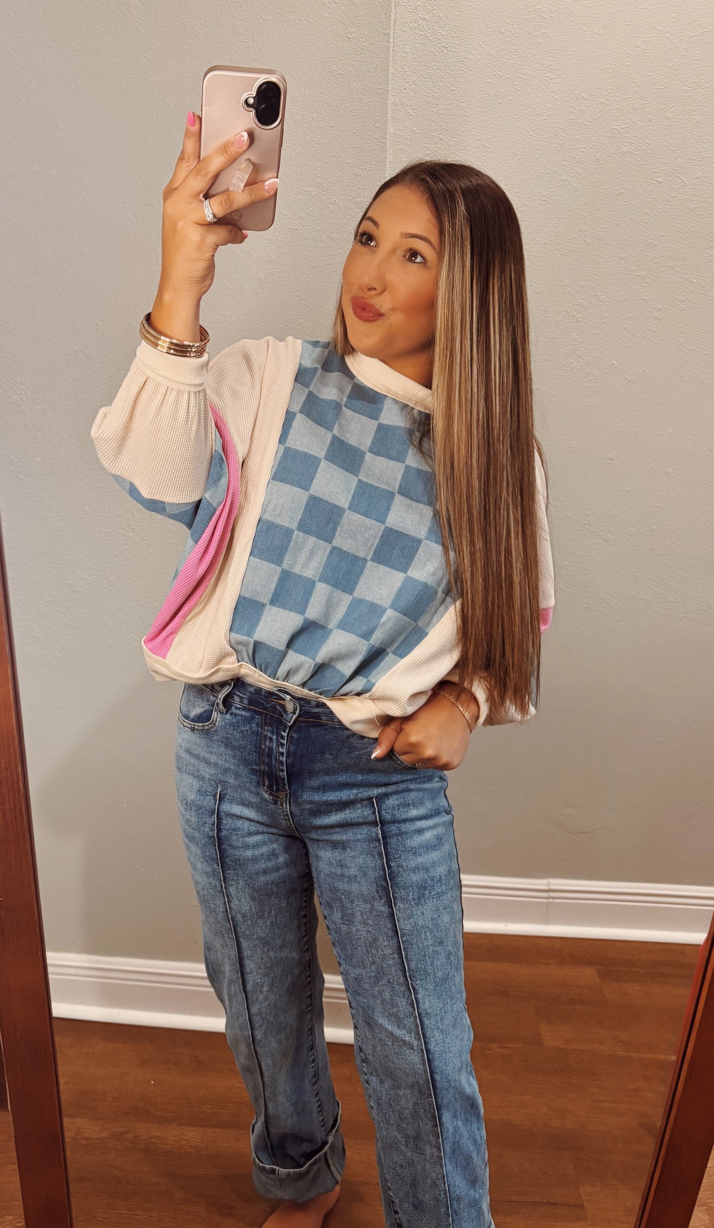 Oversized Checkered Denim Patchwork Sweatshirt