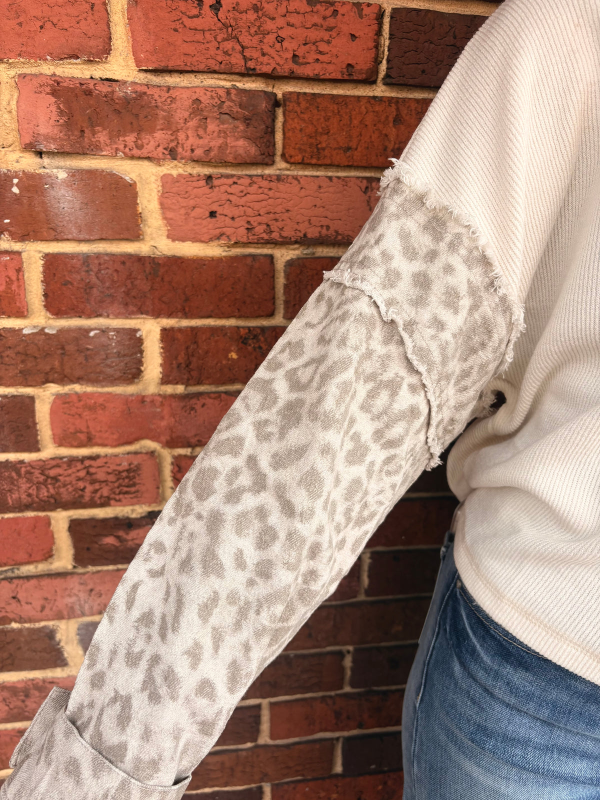 Cream Top With Denim Sleeves- Thermal