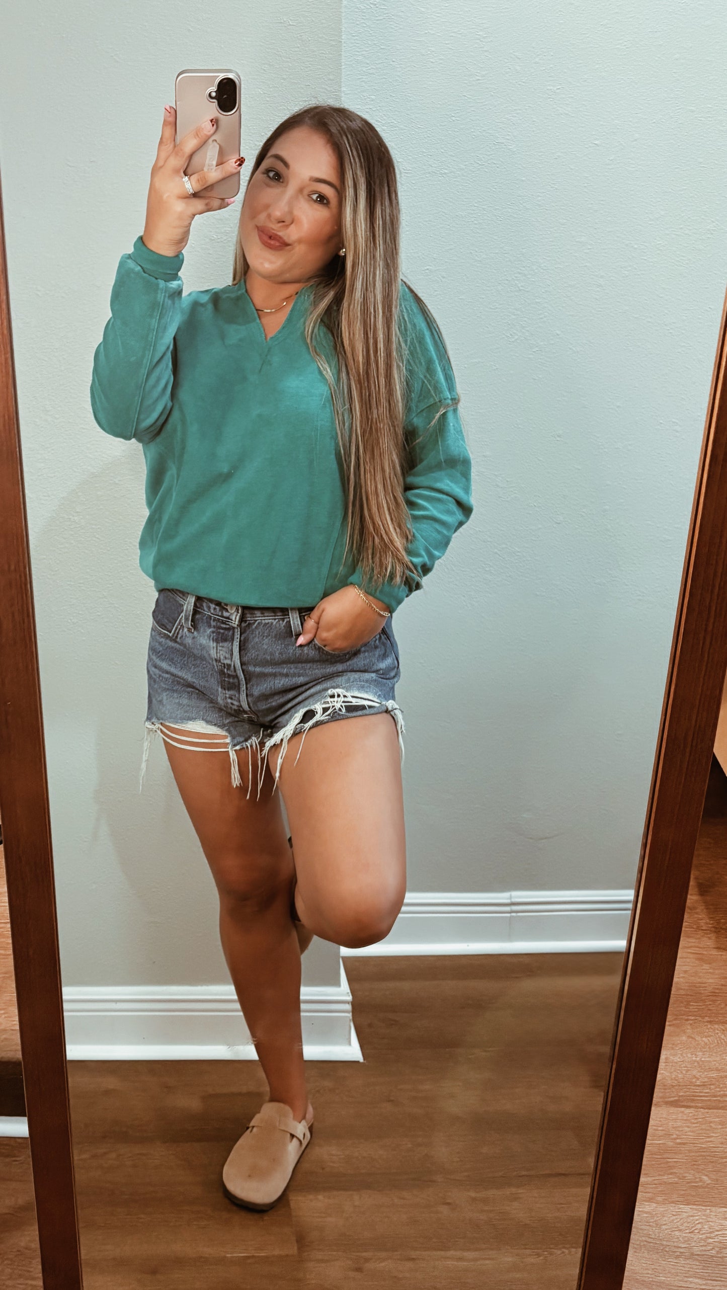 Teal Solid Color Long Sleeve Sweatshirt