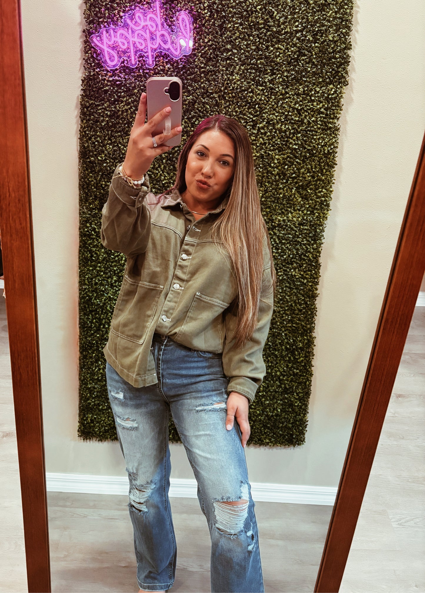 Green Collared Boyfriend Denim Jacket