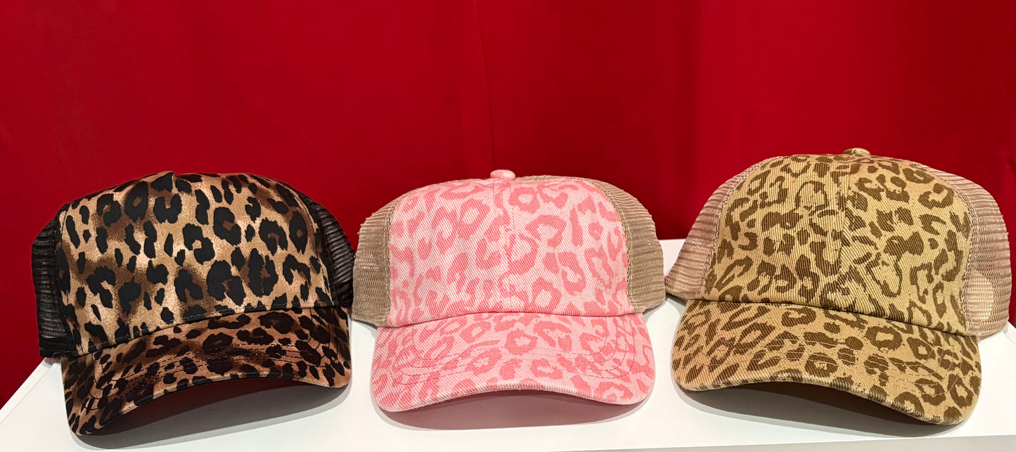 Leopard Print Hat- Criss Cross ponytail Hat