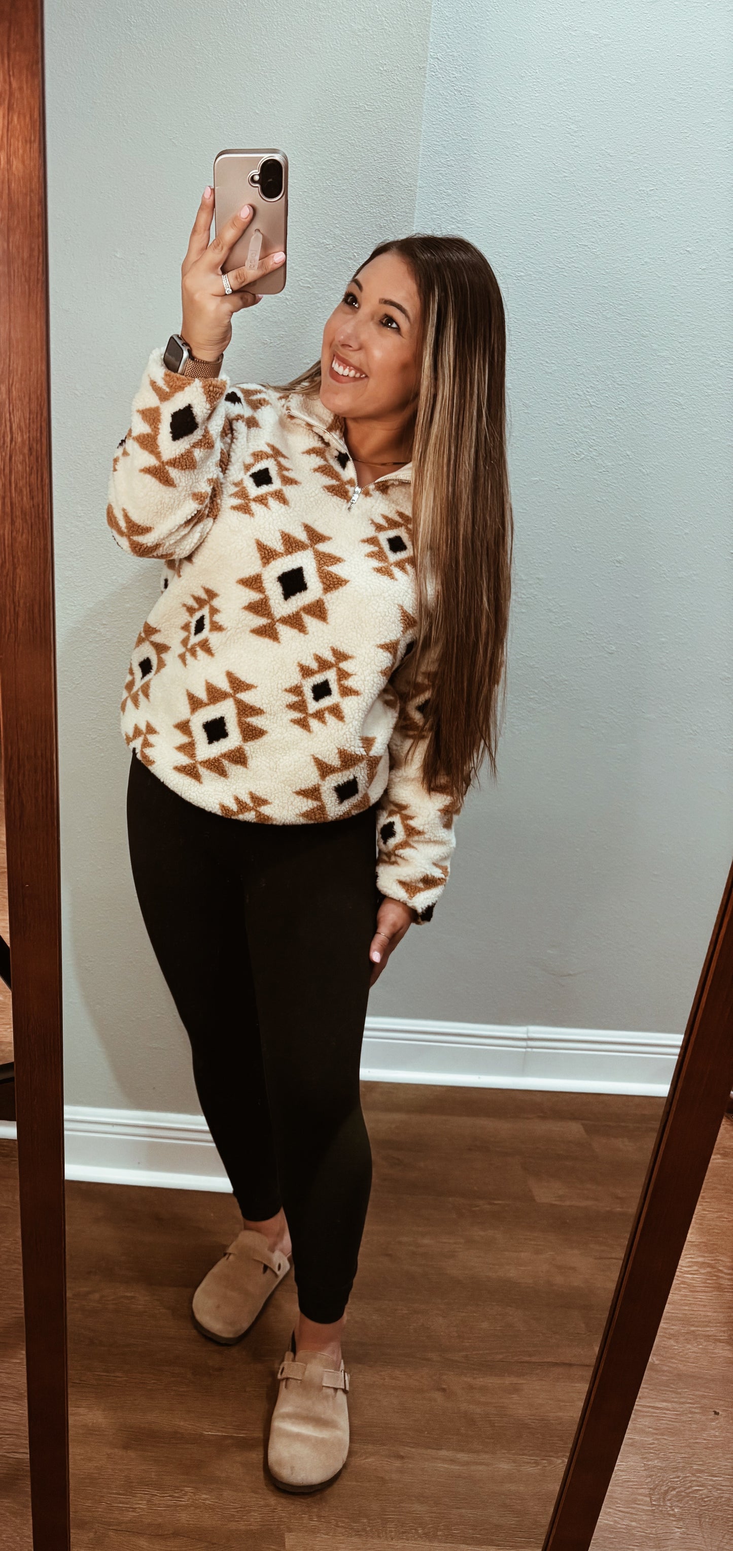 Khaki Aztec Print Quarter Zip Pullover