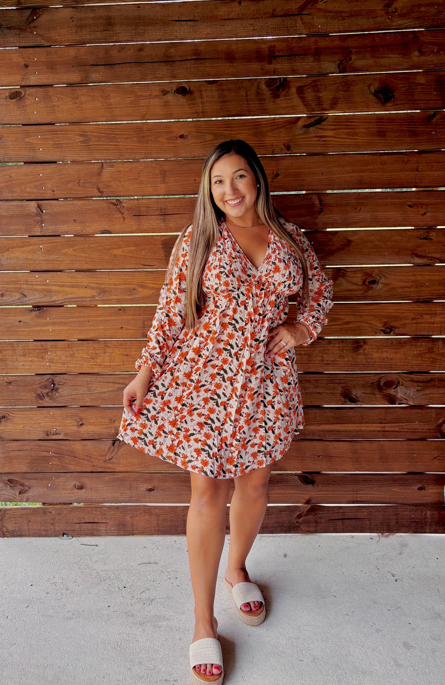 Beige Floral V-Neck Smocked Bust Bubble Sleeve Babydoll Dress