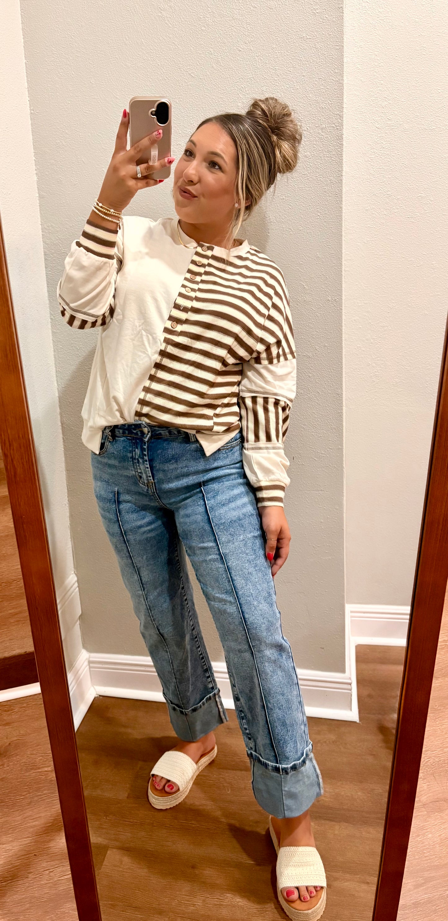 Khaki Stripe Stitched Color Block patchwork Oversized Pullover