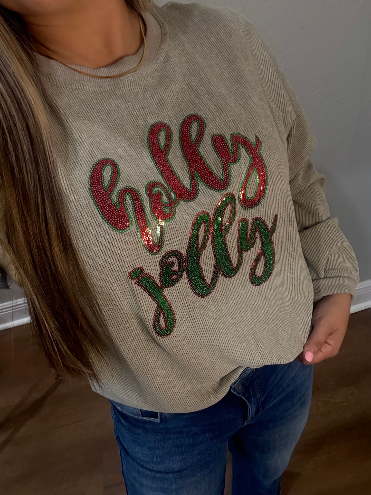 Green Sequined Holly Jolly Graphic Sweater