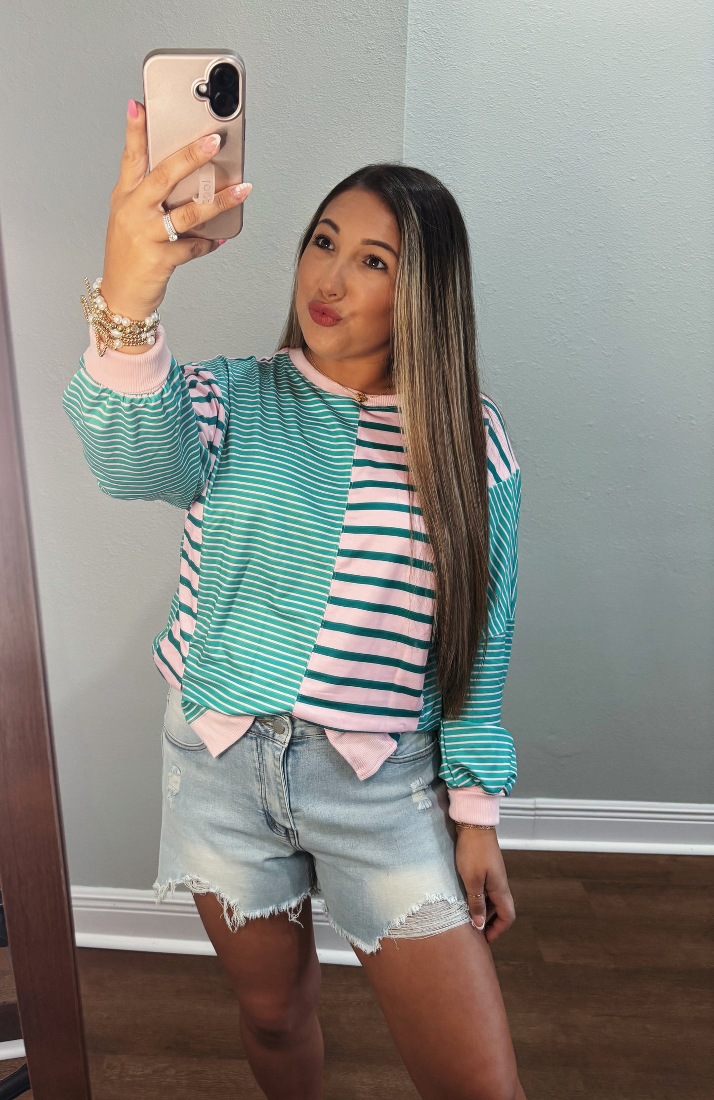 Green stripe mix pattern color block sweater