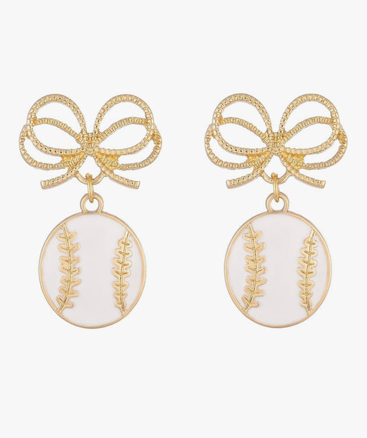 Baseball/Bow Dangle Earrings