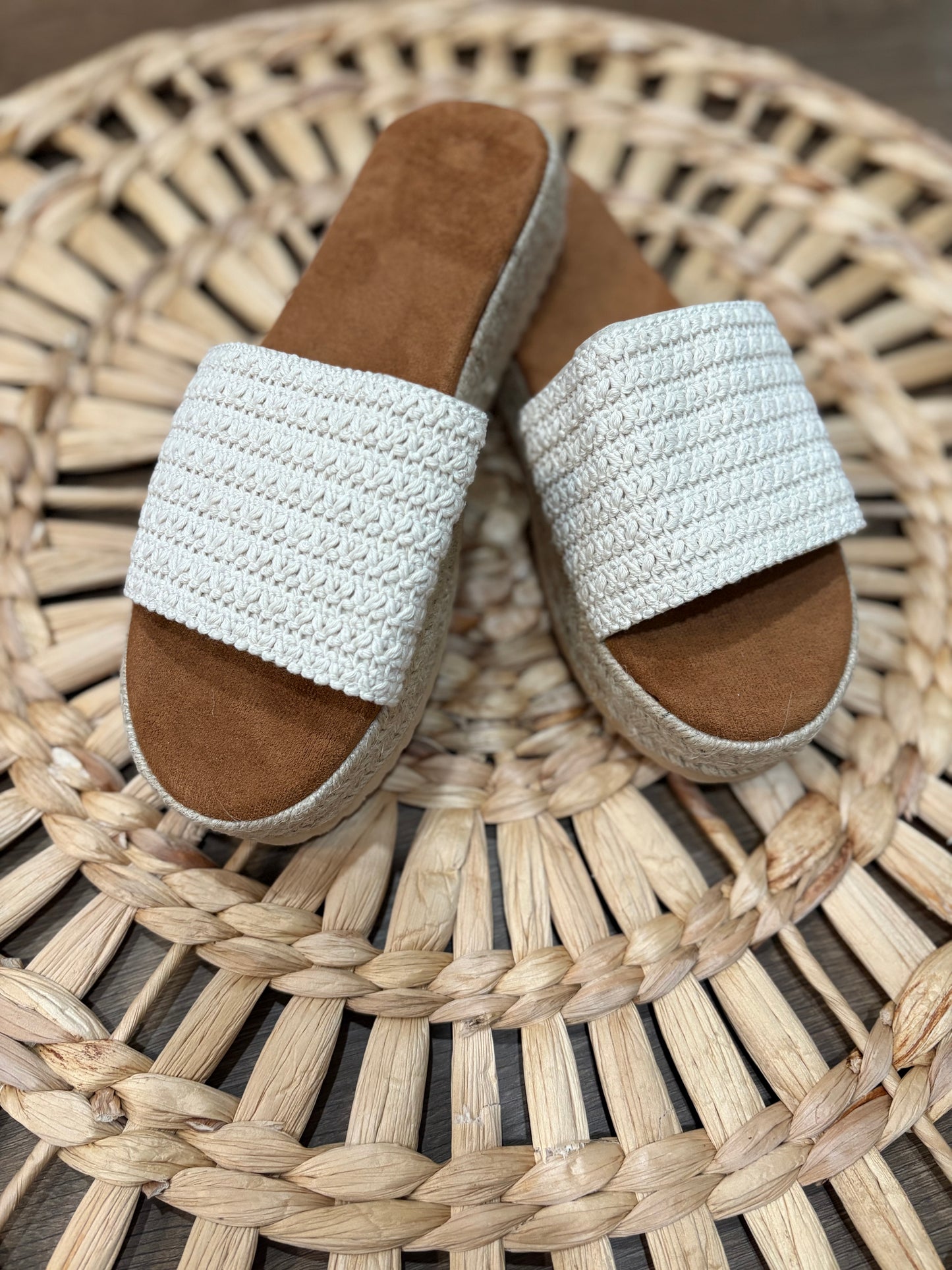 White Boho Woven Wedge Sandals