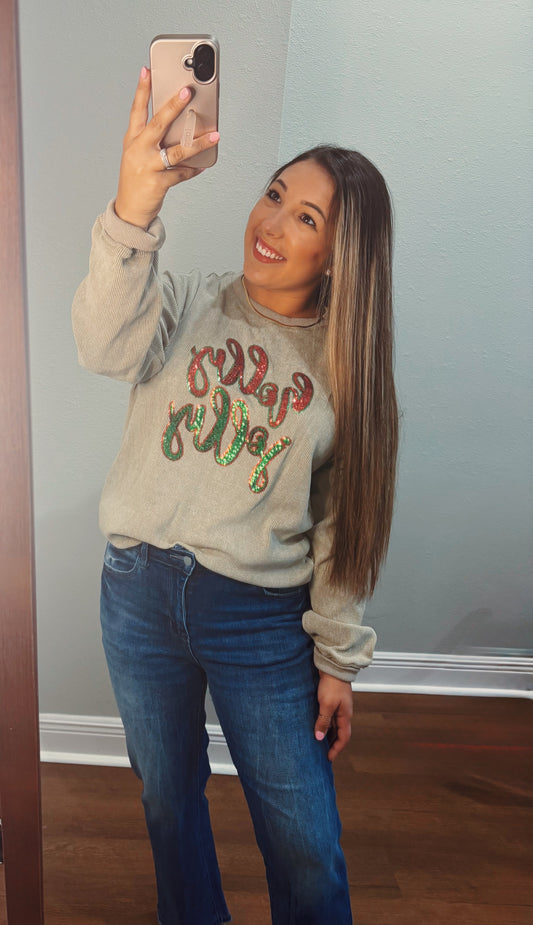 Green Sequined Holly Jolly Graphic Sweater