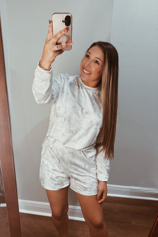 Camo Print Pullover Top and Shorts set