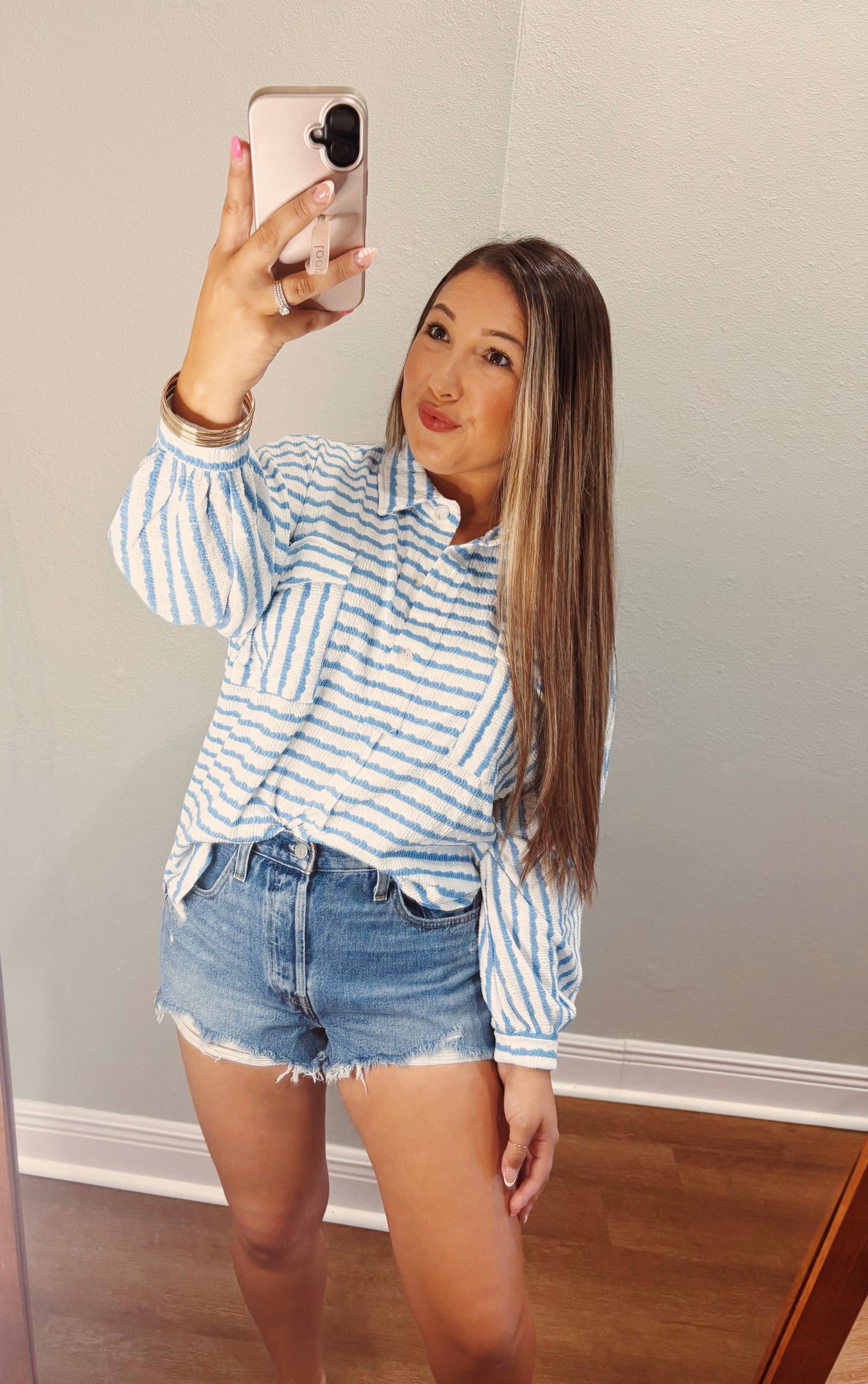 Sky Blue Striped Oversized Long Sleeve Top