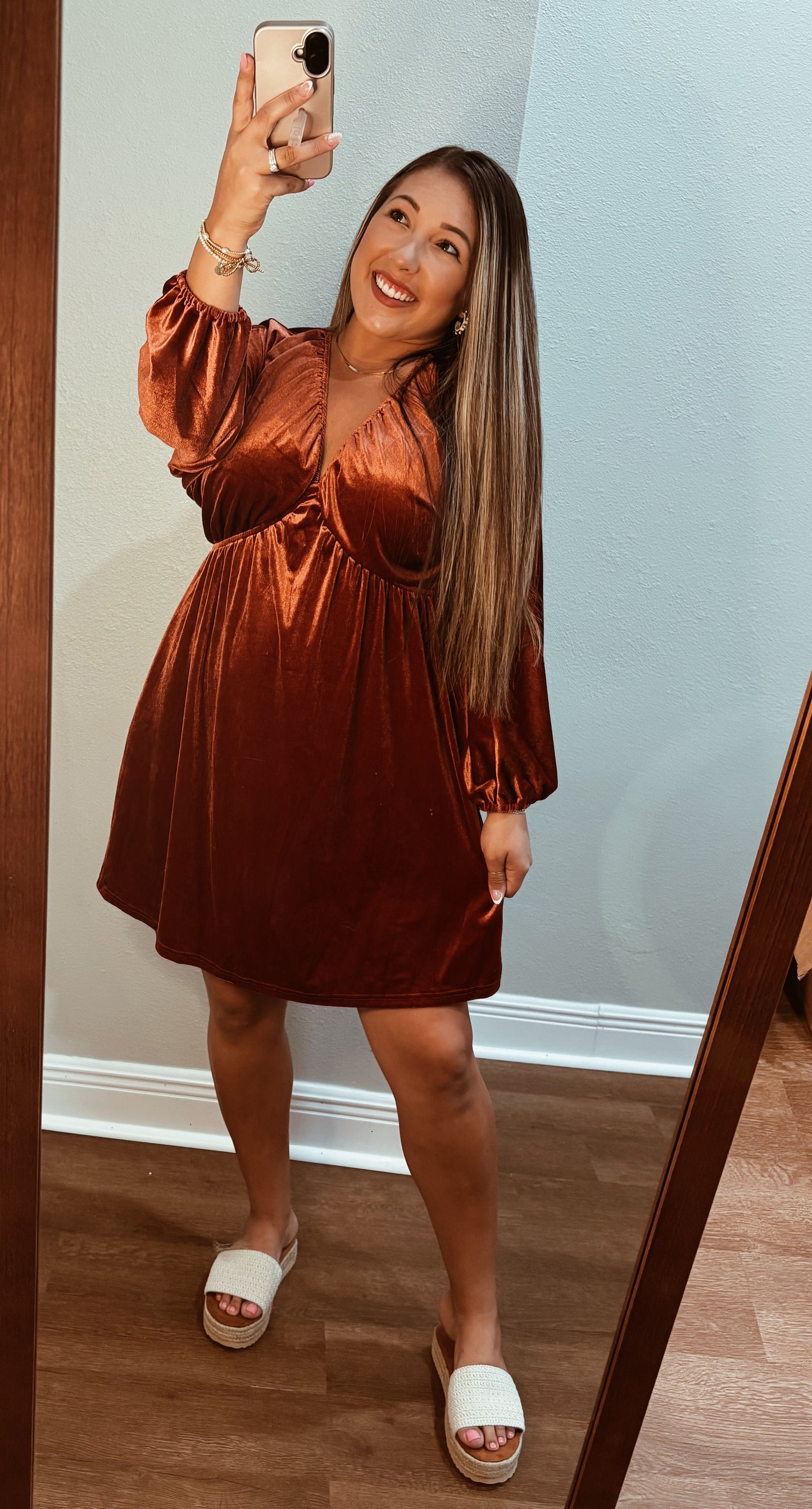Burnt Orange V Neck Velvet Dress