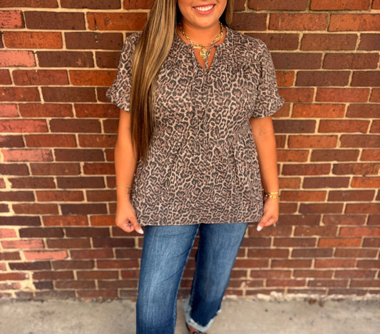 Leopard Denim Puff Sleeve Babydoll top