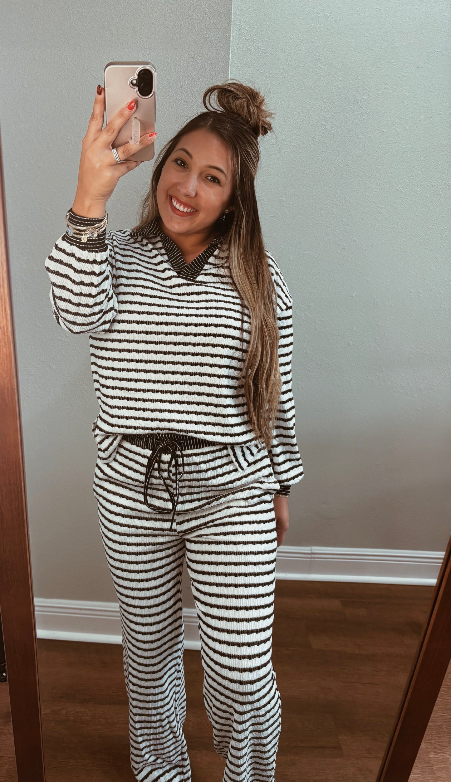 White & Black Striped Collard PullOver Top & Drawstring Pant Set
