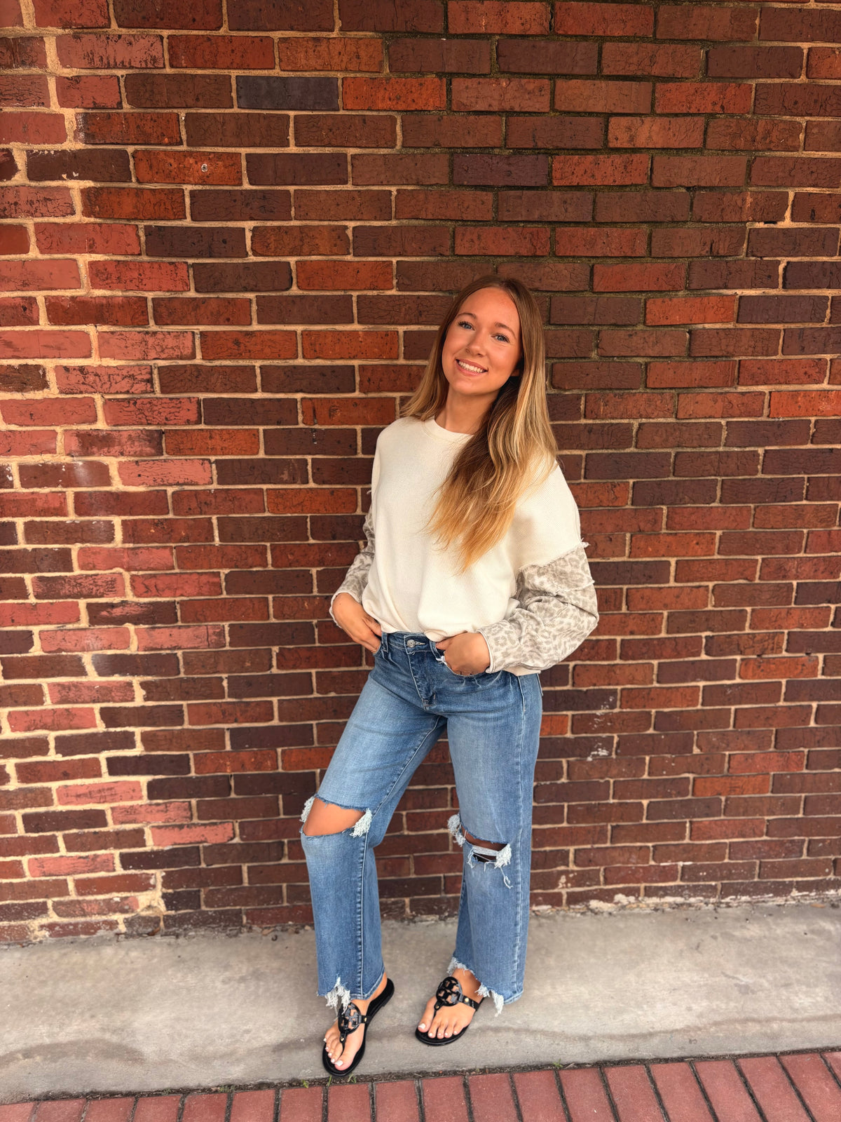 Cream Top With Denim Sleeves- Thermal