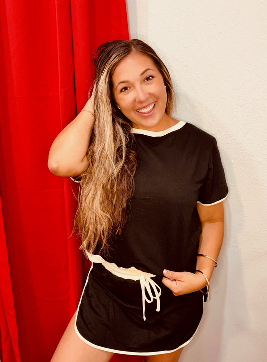 Black and cream trim skort set
