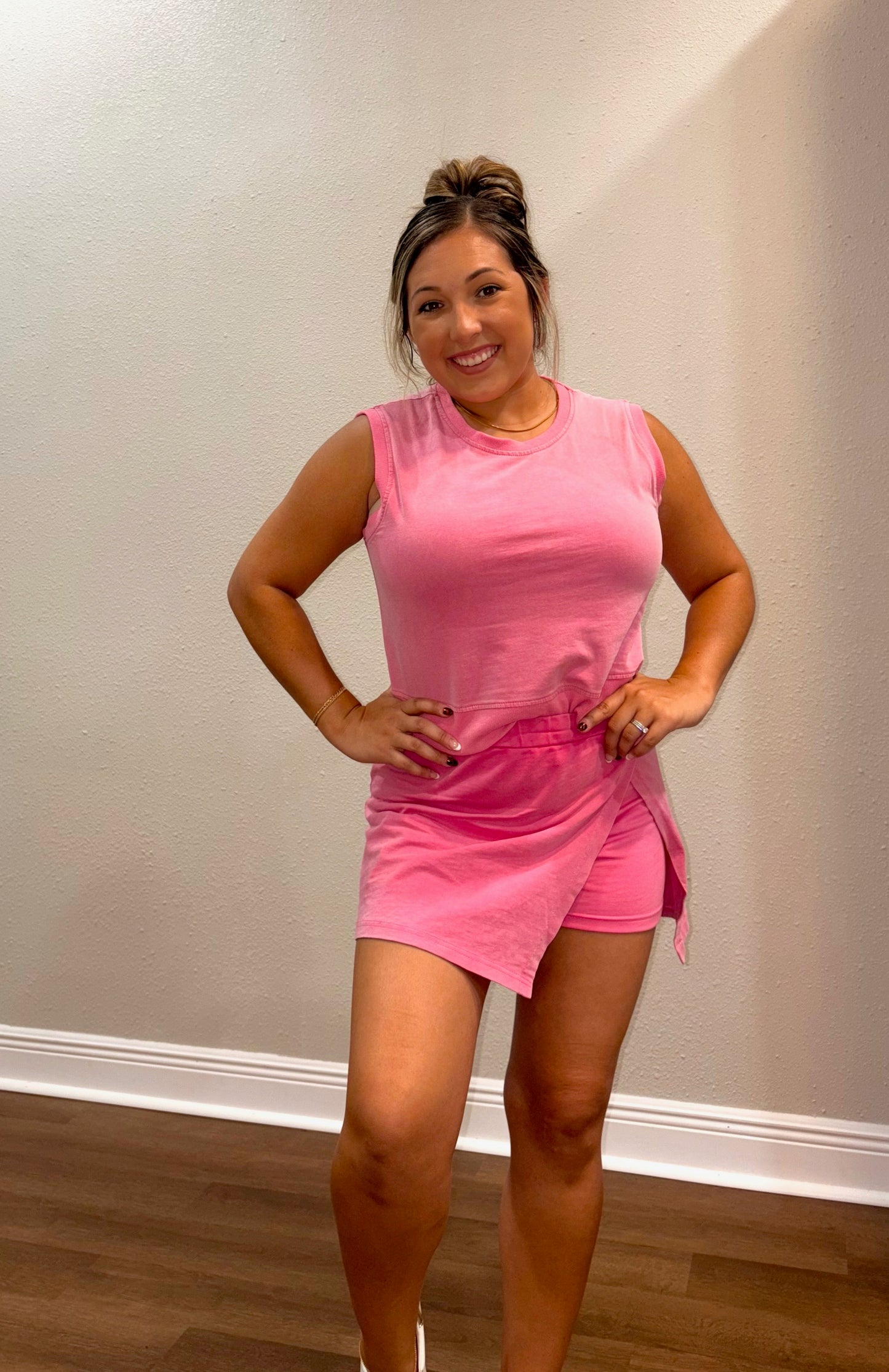 Pink top, shorts, & skirt