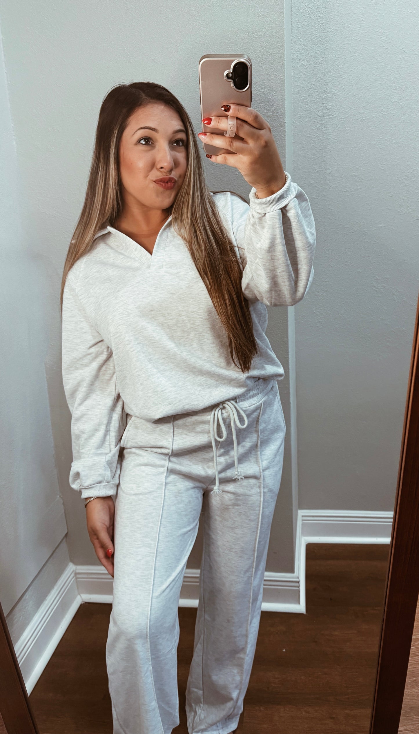 Light Grey V Neck Pullover And Drawstring Sweatpants Set