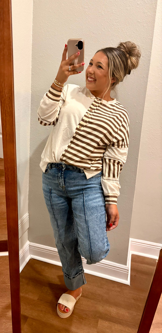 Khaki Stripe Stitched Color Block patchwork Oversized Pullover