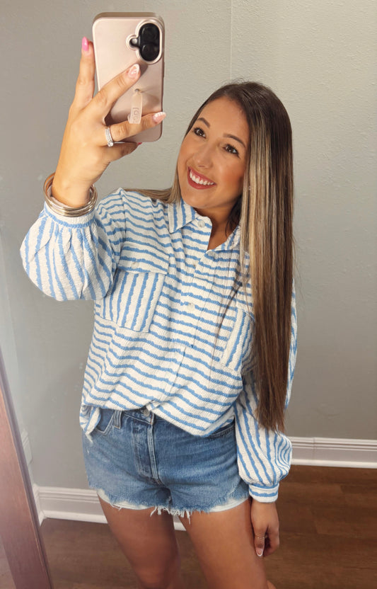 Sky Blue Striped Oversized Long Sleeve Top