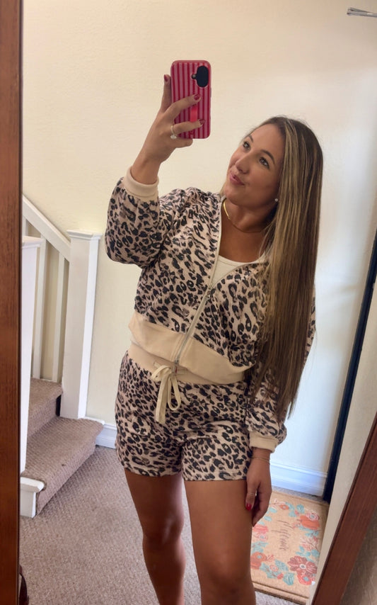Leopard Print Zip - Up Hooded Shorts Set