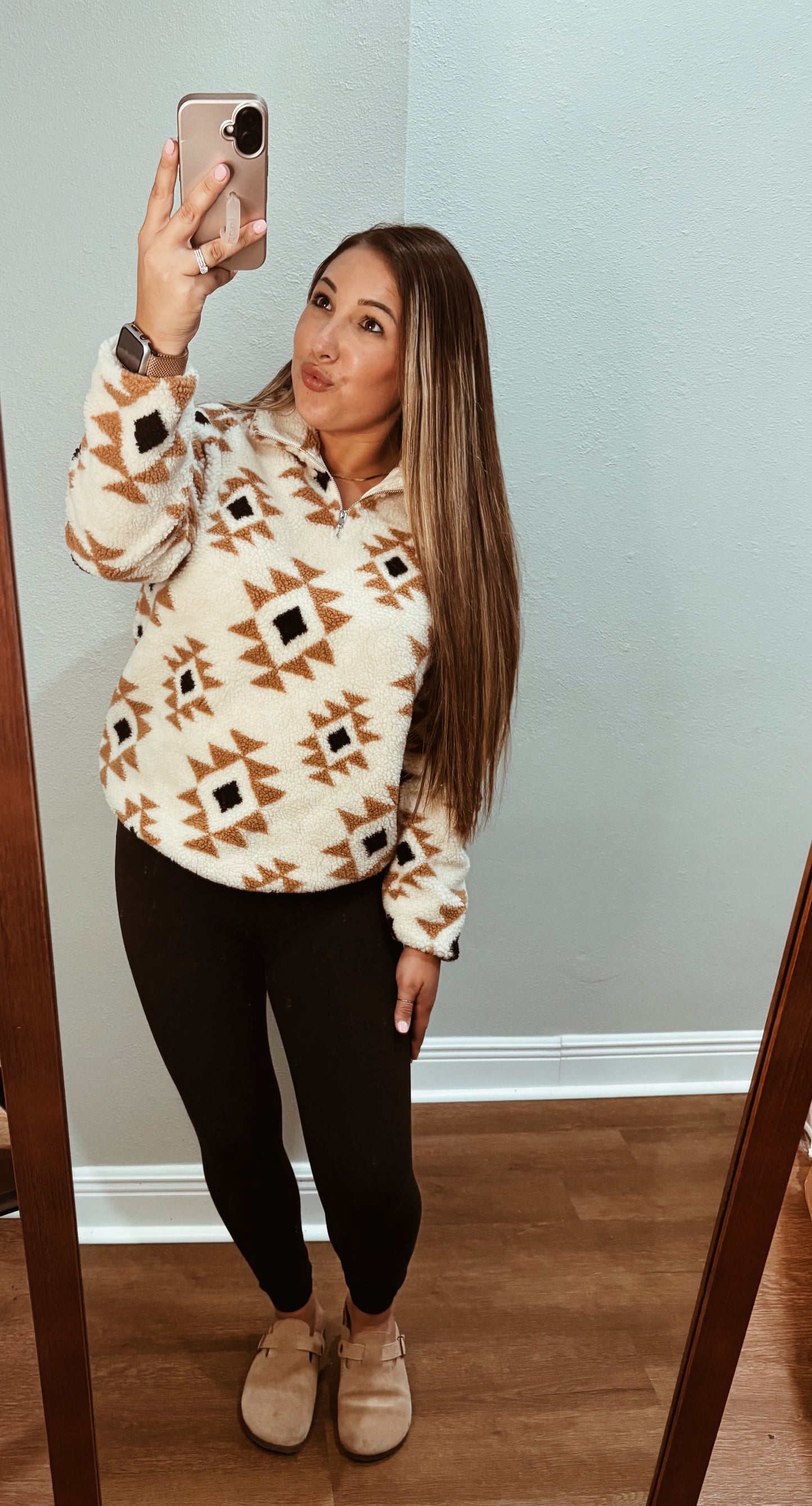 Khaki Aztec Print Quarter Zip Pullover