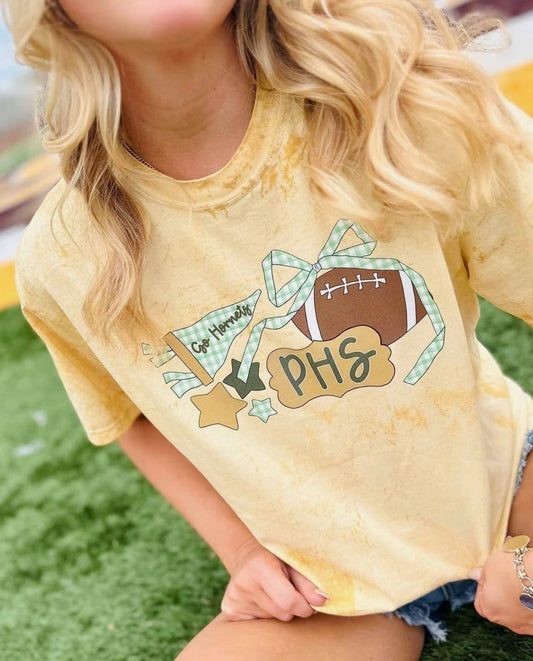 Pre-order Gingham Bow Football Collage Graphic Tee - Please enter custom wording and color for your design in the box below.