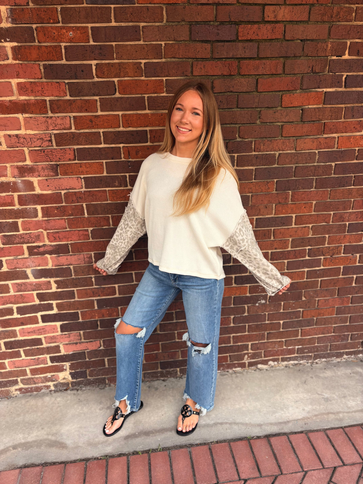 Cream Top With Denim Sleeves- Thermal