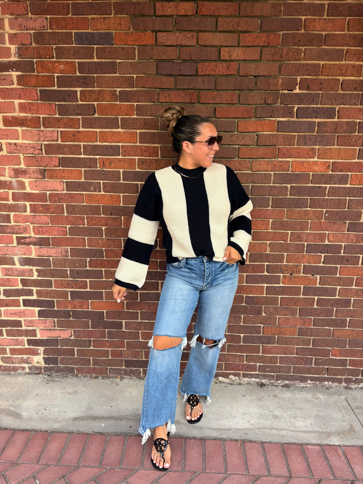 Bold striped knit sweater crewneck with bell sleeves