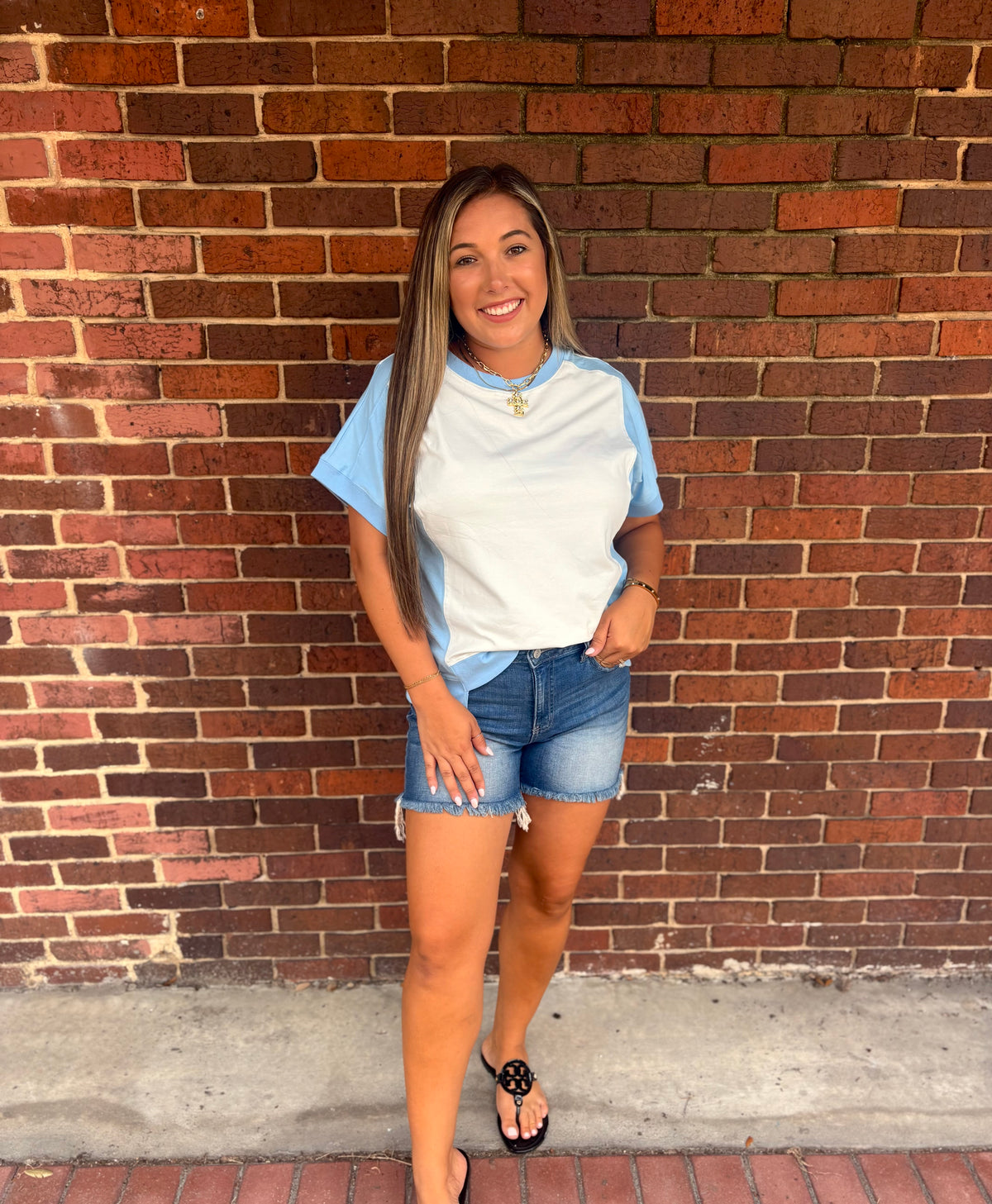 Blue & white Crew Neck Top