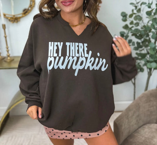 Hey There Pumpkin Split Neck Graphic Crewneck