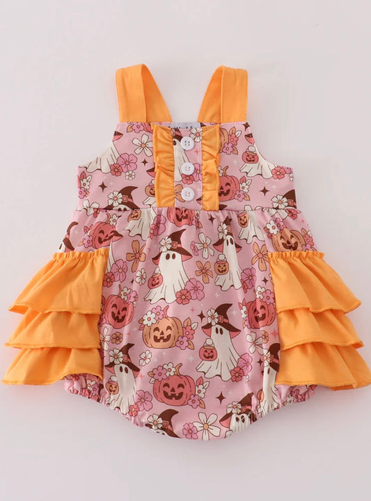 Pink Pumpkin Ghost Print Ruffle Bubble