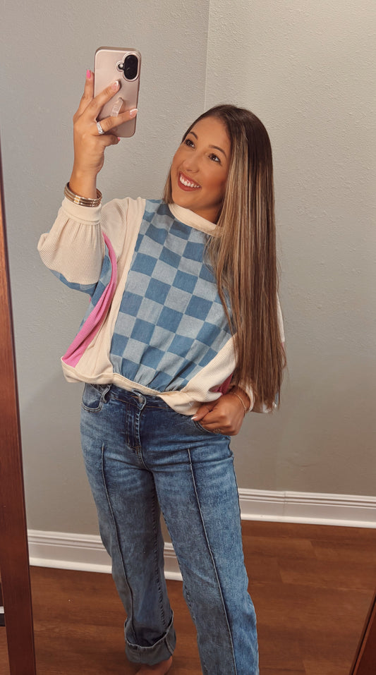 Oversized Checkered Denim Patchwork Sweatshirt