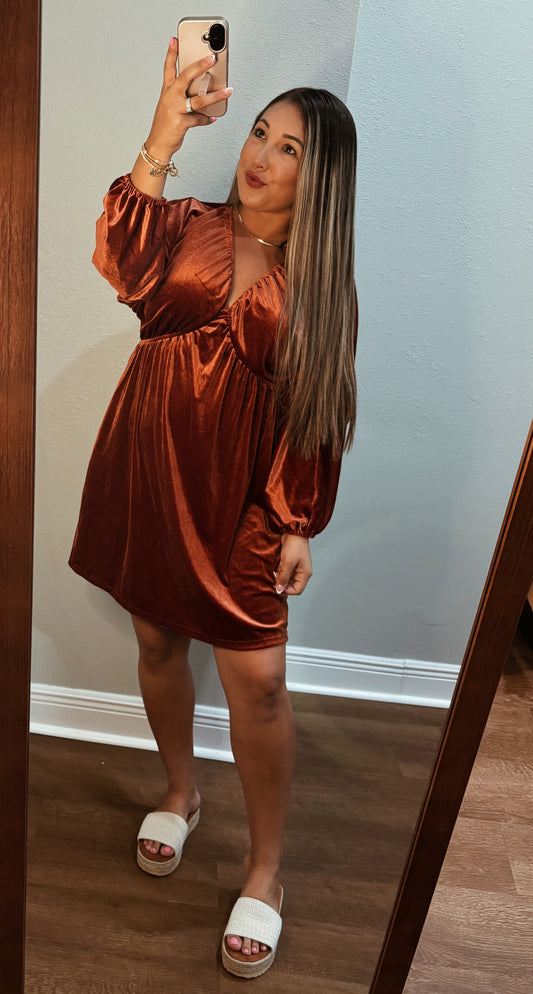 Burnt Orange V Neck Velvet Dress