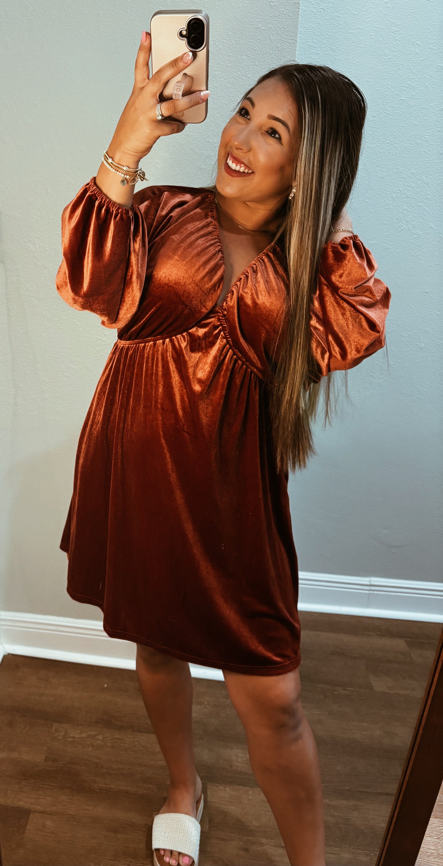 Burnt Orange V Neck Velvet Dress