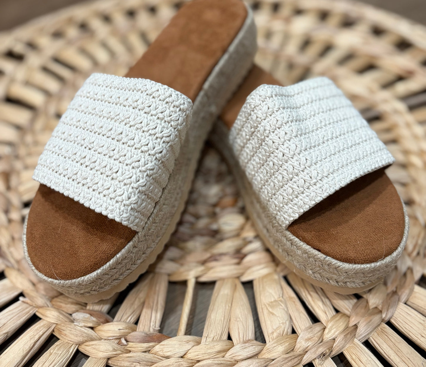 White Boho Woven Wedge Sandals