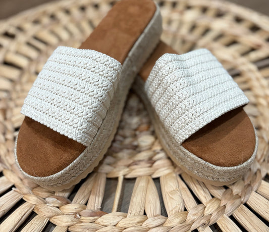 White Boho Woven Wedge Sandals