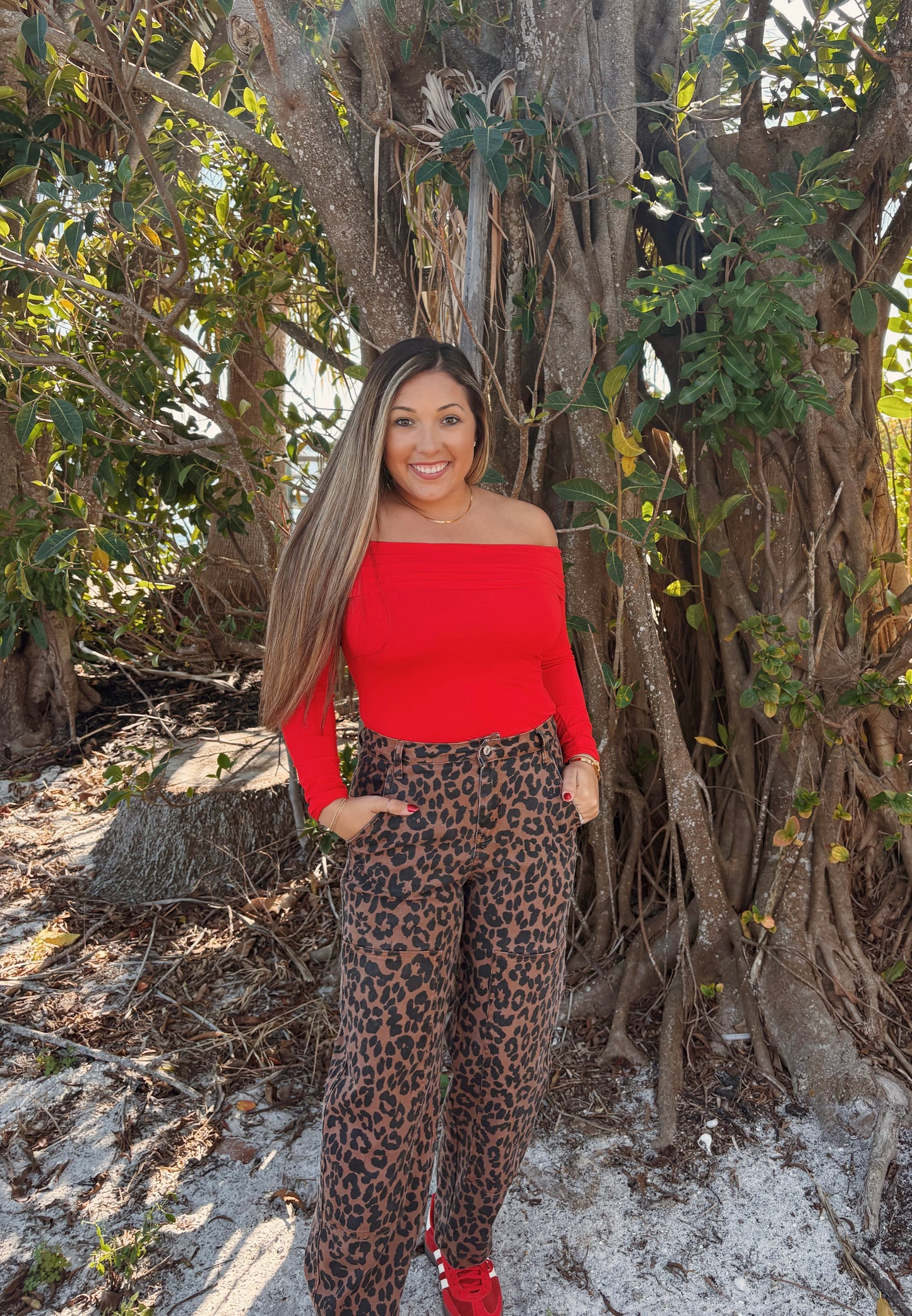 Fiery Red Off Shoulder Long Sleeve Slim Top