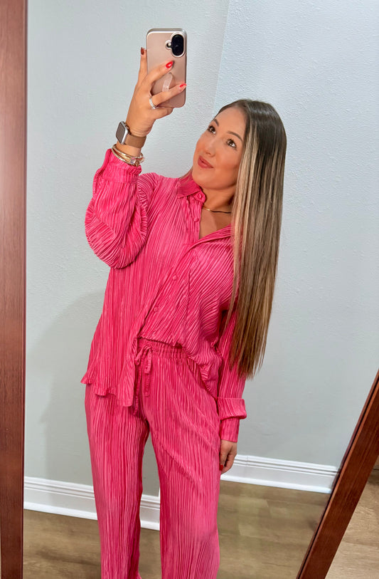 Pink Pleated Long Sleeve Shirt & pants Set