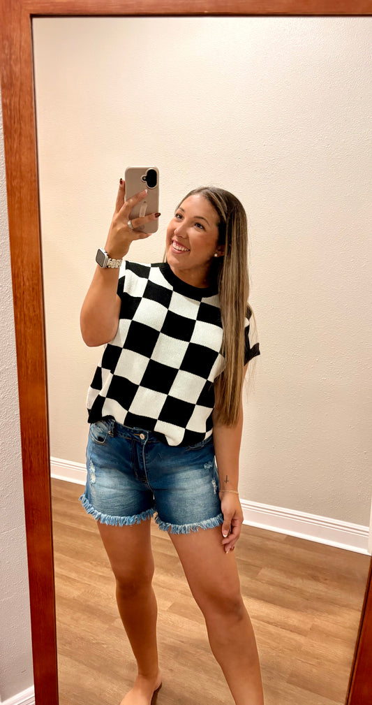 Checkered Pattern Ribbed Trim Sweater Shirt