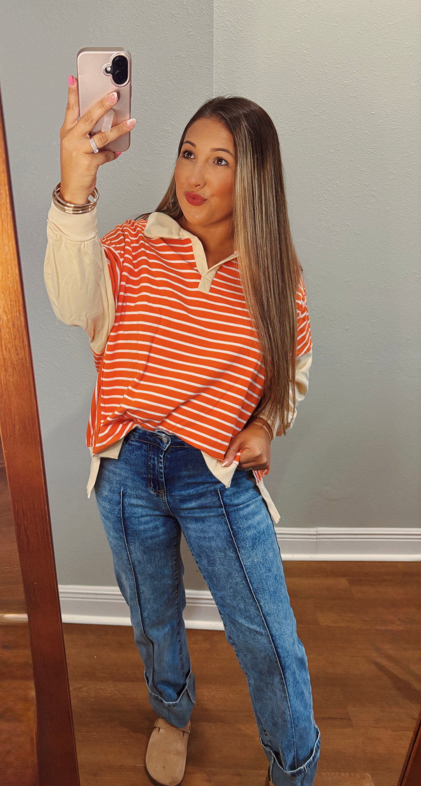 Orange Stripe Color Block Oversized Sweatshirt