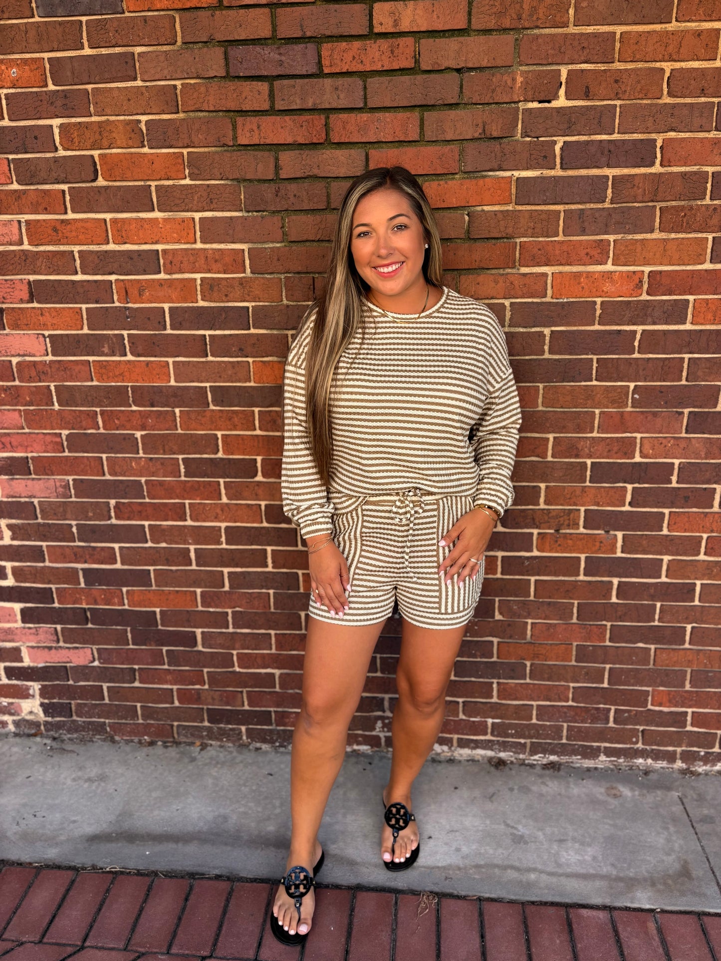 Striped Textured Knit Top & Short Set