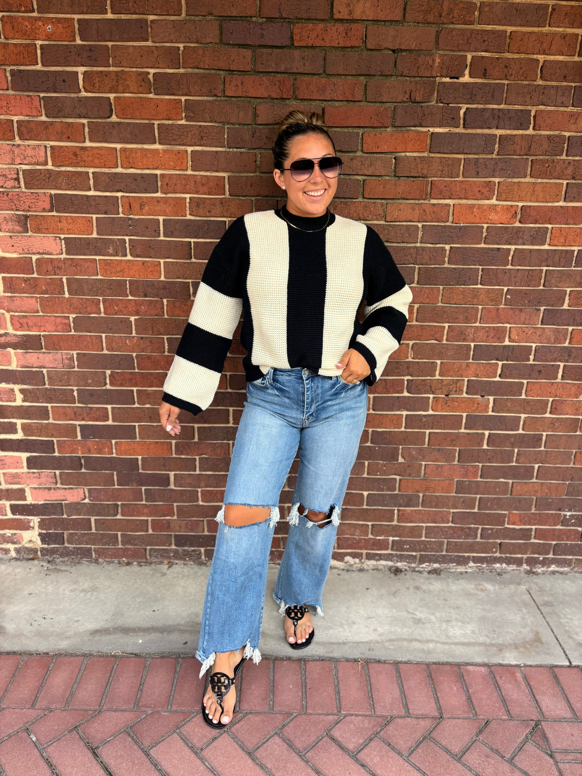 Bold striped knit sweater crewneck with bell sleeves