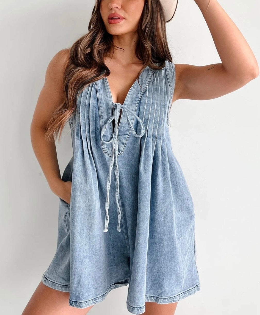 Pre-Order Summer V Neck Denim Romper With Pockets