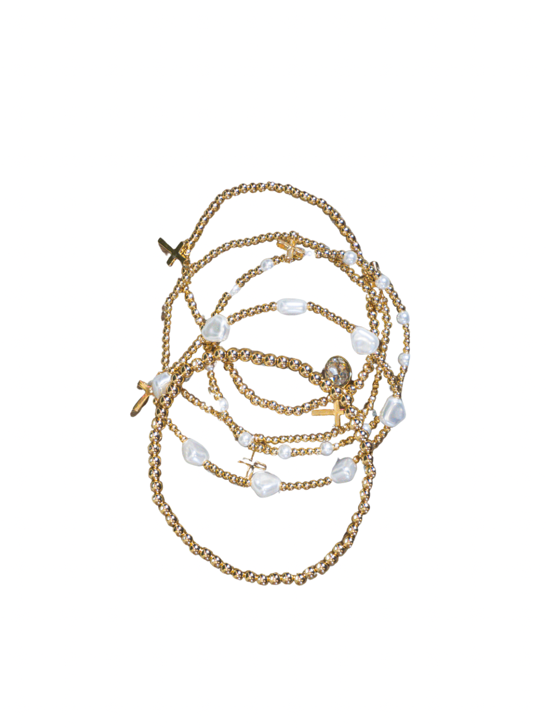 Cross Stone Pearl Multi Stretch Bracelet - Stack Of Five