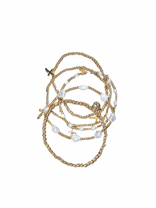 Cross Stone Pearl Multi Stretch Bracelet - Stack Of Five